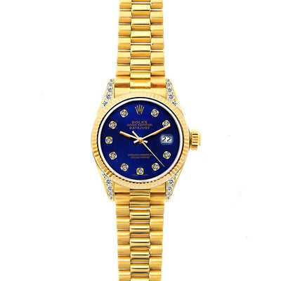 18k Yellow Gold Rolex Datejust Diamond Watch, 26mm, President Bracelet Ultramarine Dial w/ Diamond Lugs