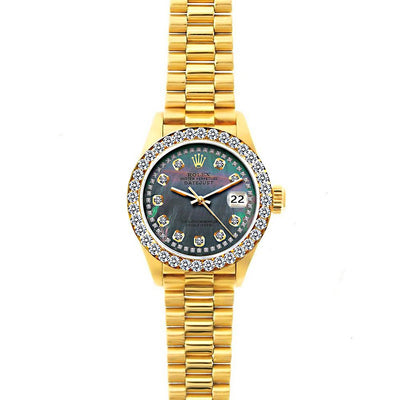 18k Yellow Gold Rolex Datejust Diamond Watch, 26mm, President Bracelet Mother of Pearl Dial w/ Diamond Bezel