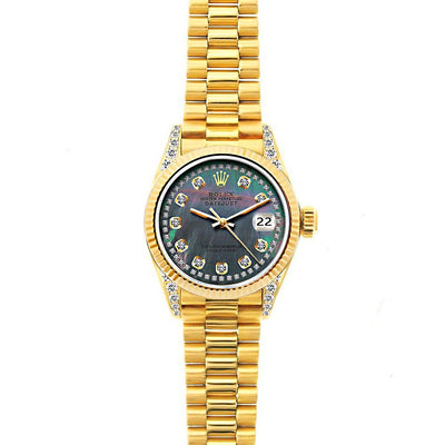 18k Yellow Gold Rolex Datejust Diamond Watch, 26mm, President Bracelet Mother of Pearl Dial w/ Diamond Lugs