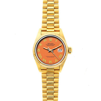 Rolex Datejust 26mm 18k Yellow Gold President Bracelet Orange Dial