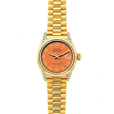 18k Yellow Gold Rolex Datejust Diamond Watch, 26mm, President Bracelet Orange Dial w/ Diamond Lugs