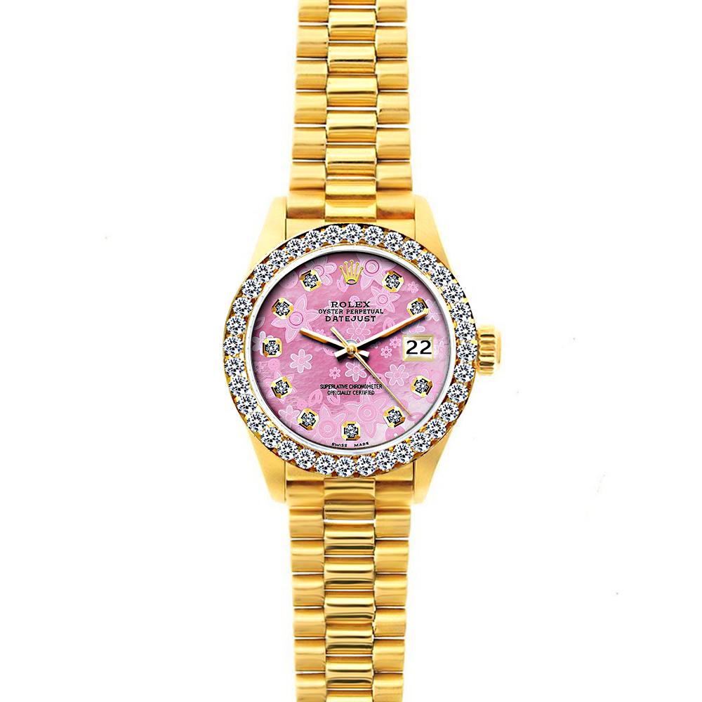 18k Yellow Gold Rolex Datejust Diamond Watch, 26mm, President Bracelet Pink Flower Dial w/ Diamond Bezel