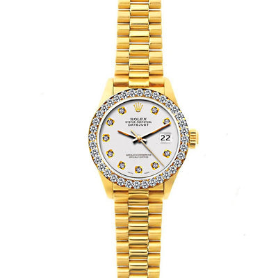 18k Yellow Gold Rolex Datejust Diamond Watch, 26mm, President Bracelet Lilac Dial w/ Diamond Bezel