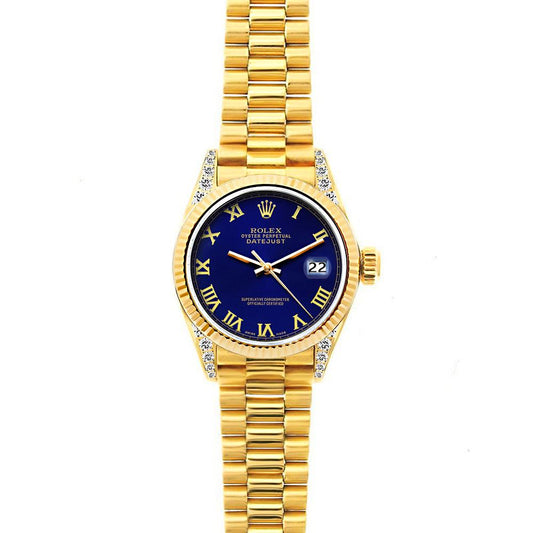 18k Yellow Gold Rolex Datejust Diamond Watch, 26mm, President Bracelet Ultramarine Dial w/ Diamond Lugs