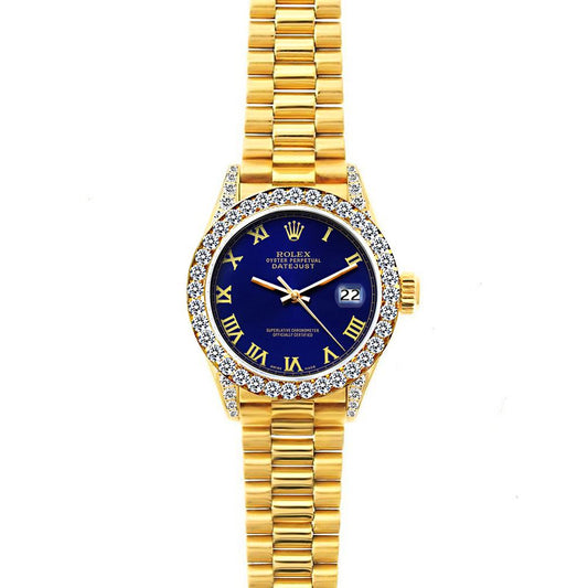 18k Yellow Gold Rolex Datejust Diamond Watch, 26mm, President Bracelet Ultramarine Dial w/ Diamond Bezel and Lugs