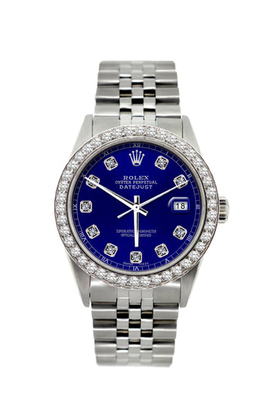 Rolex Datejust Diamond Watch, 36mm, Stainless Steel Blue Dial w/ Diamond Bezel