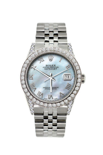 Rolex Datejust Diamond Watch, 36mm, Stainless Steel Pearl Blue Dial w/ Diamond Bezel and Lugs