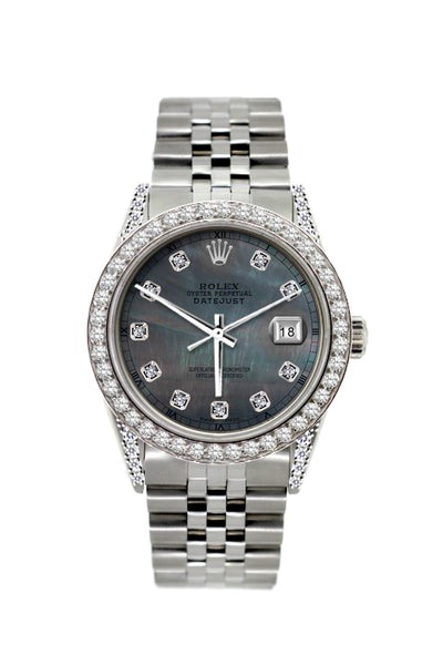 Rolex Datejust Diamond Watch, 36mm, Stainless Steel Black Mother of Pearl Dial w/ Diamond Bezel and Lugs