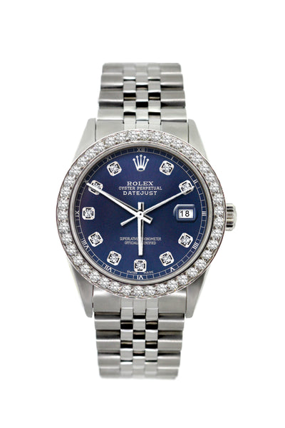 Rolex Datejust Diamond Watch, 36mm, Stainless Steel Blue Dial w/ Diamond Bezel