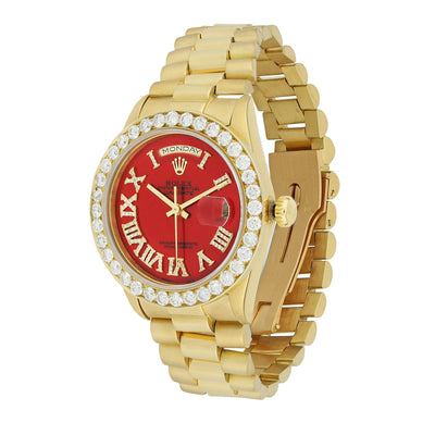 Yellow Gold Rolex Day Date President Diamond Watch, 36mm, Red Roman Numerals Dial 18K Yellow Gold W/ Diamond Bezel