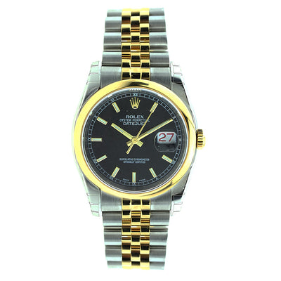 Rolex Oyster Perpetual Datejust Two Tone Stainless Steel and Yellow Gold Black Dial 36MM 116203