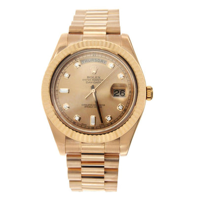 18K Rose Gold Rolex Diamond Watch, Day Date II President 218238 41mm, Champagne Diamonds Dial