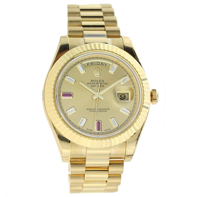 18K Yellow Gold Rolex Diamond Watch, Day Date II President 41mm, Champagne Diamond and Ruby Dial 218238