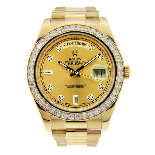 18K Yellow Gold Rolex Diamond Watch, Day Date II 41mm, Champagne Diamond Dial & 5CT Diamond Bezel