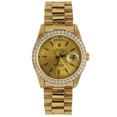 Rolex Day-Date Diamond Watch, 36mm, President 18K Yellow Gold Champagne Dial W/ Diamond Bezel