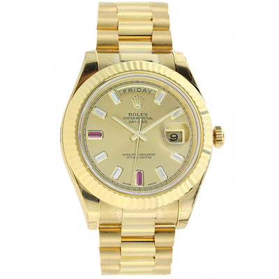 18K Yellow Gold Rolex Diamond Watch, Day Date II President 41mm, Champagne Diamond and Ruby Dial 218238