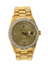 Yellow Gold Rolex Day Date Diamond Watch, 36mm, Champagne Diamond Dial W/ 2.0 CT Diamond Bezel