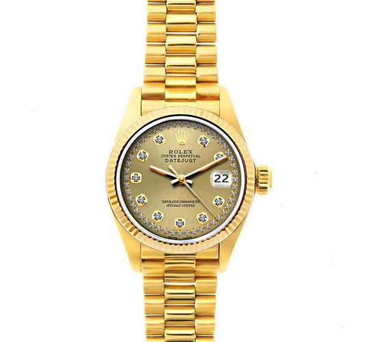 Rolex Datejust 26mm 18k Yellow Gold President Bracelet Champagne Dial