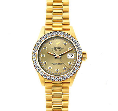 18k Yellow Gold Rolex Datejust Diamond Watch, 26mm, President Bracelet Champagne Dial w/Diamond Bezel