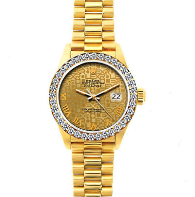 18k Yellow Gold Rolex Datejust Diamond Watch, 26mm, President Bracelet Champagne Dial w/ Diamond Bezel