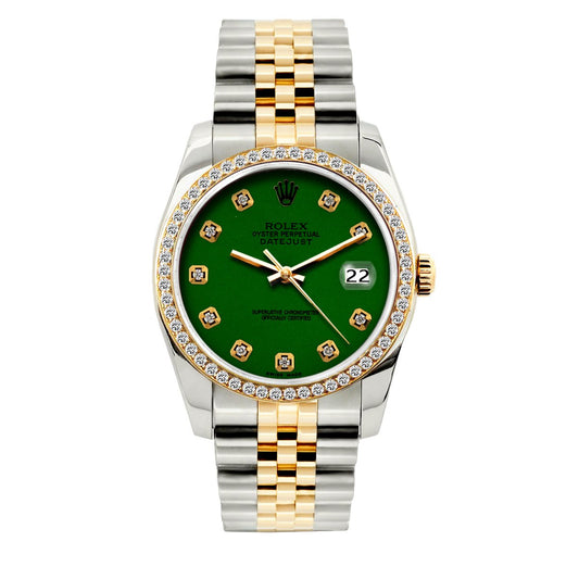 Rolex Datejust Diamond Watch, 36mm, Yellow Gold and Stainless Steel Bracelet Dark Green Dial w/ Diamond Bezel
