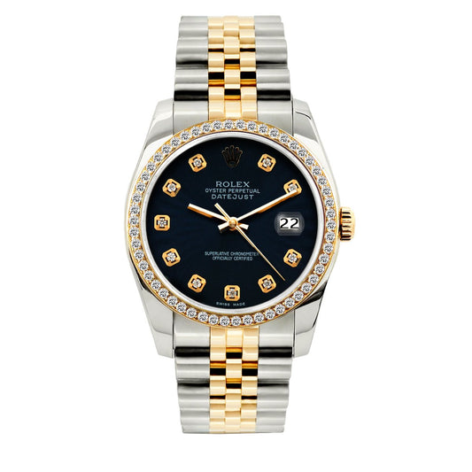 Rolex Datejust Diamond Watch, 36mm, Yellow Gold and Stainless Steel Bracelet Black Dial w/ Diamond Bezel