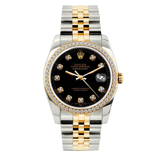 Rolex Datejust Diamond Watch, 36mm, Yellow Gold and Stainless Steel Bracelet Black Dial w/ Diamond Bezel