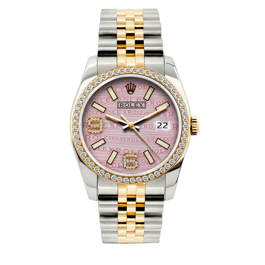 Rolex Datejust Diamond Watch, 36mm, Yellow Gold and Stainless Steel Bracelet Light Pink Rolex Dial w/ Diamond Bezel