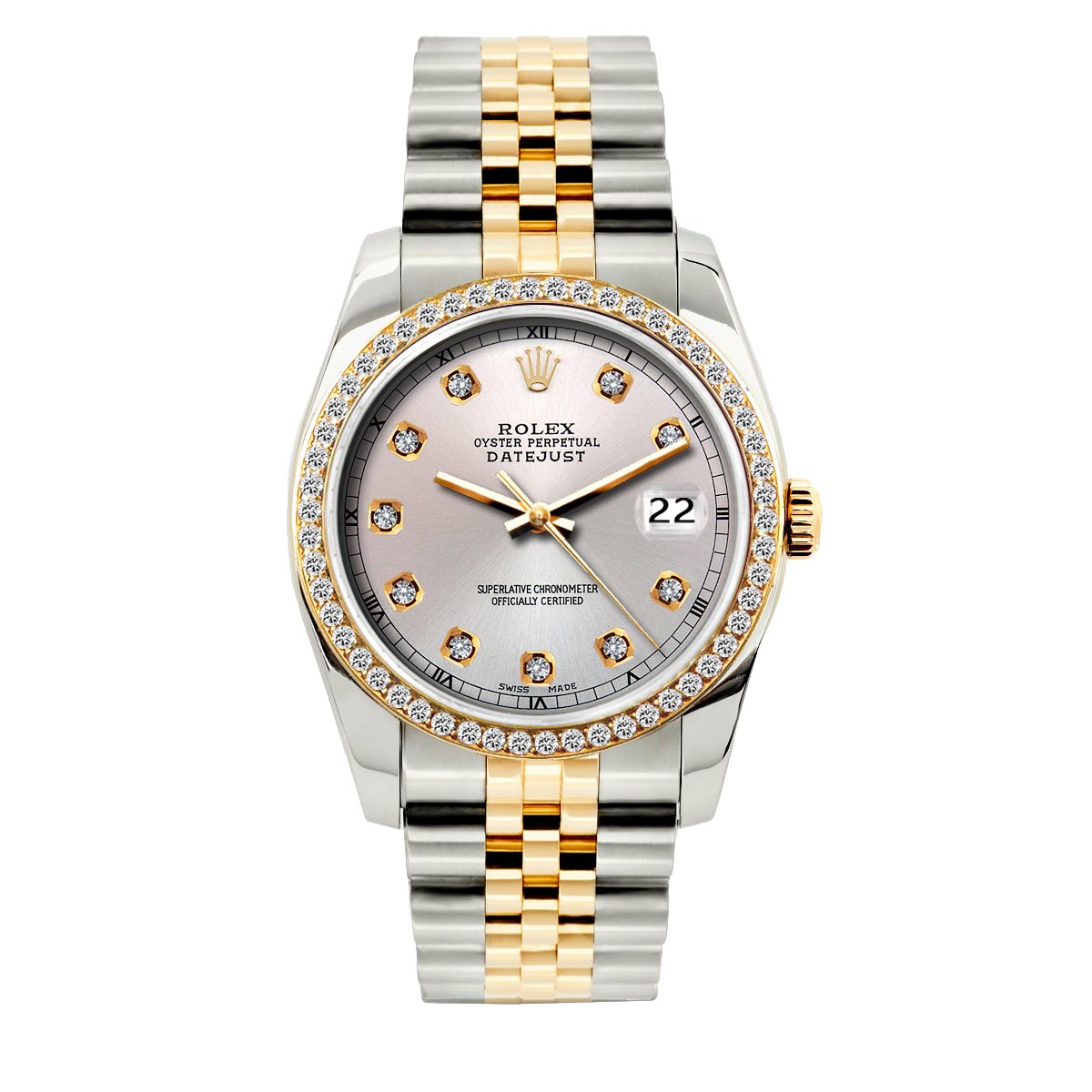 Rolex Datejust Diamond Watch, 36mm, Yellow Gold and Stainless Steel Bracelet Light Lavender Dial w/ Diamond Bezel