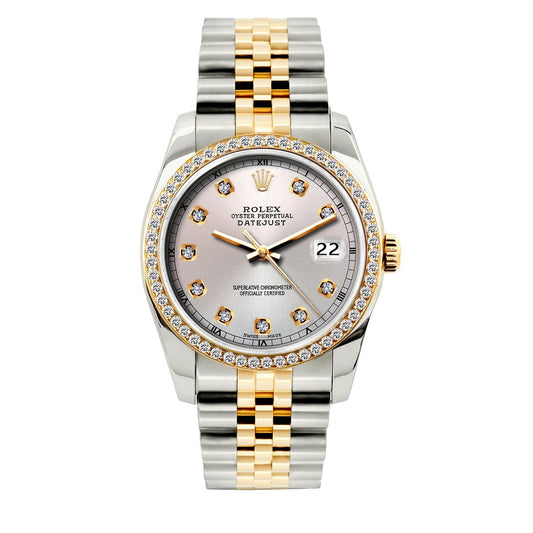 Rolex Datejust Diamond Watch, 36mm, Yellow Gold and Stainless Steel Bracelet Light Lavender Dial w/ Diamond Bezel