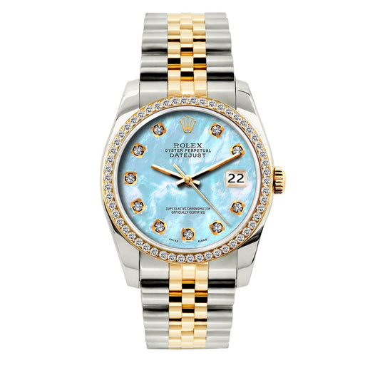 Rolex Datejust Diamond Watch, 36mm, Yellow Gold and Stainless Steel Bracelet Blue Mother of Pearl Dial w/ Diamond Bezel