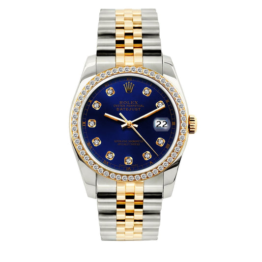 Rolex Datejust Diamond Watch, 36mm, Yellow Gold and Stainless Steel Bracelet Dark Blue Dial w/ Diamond Bezel