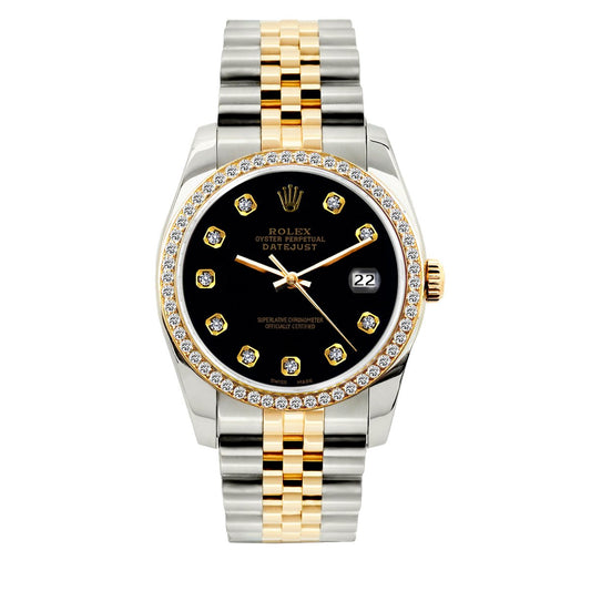 Rolex Datejust Diamond Watch, 36mm, Yellow Gold and Stainless Steel Bracelet Black Dial w/ Diamond Bezel