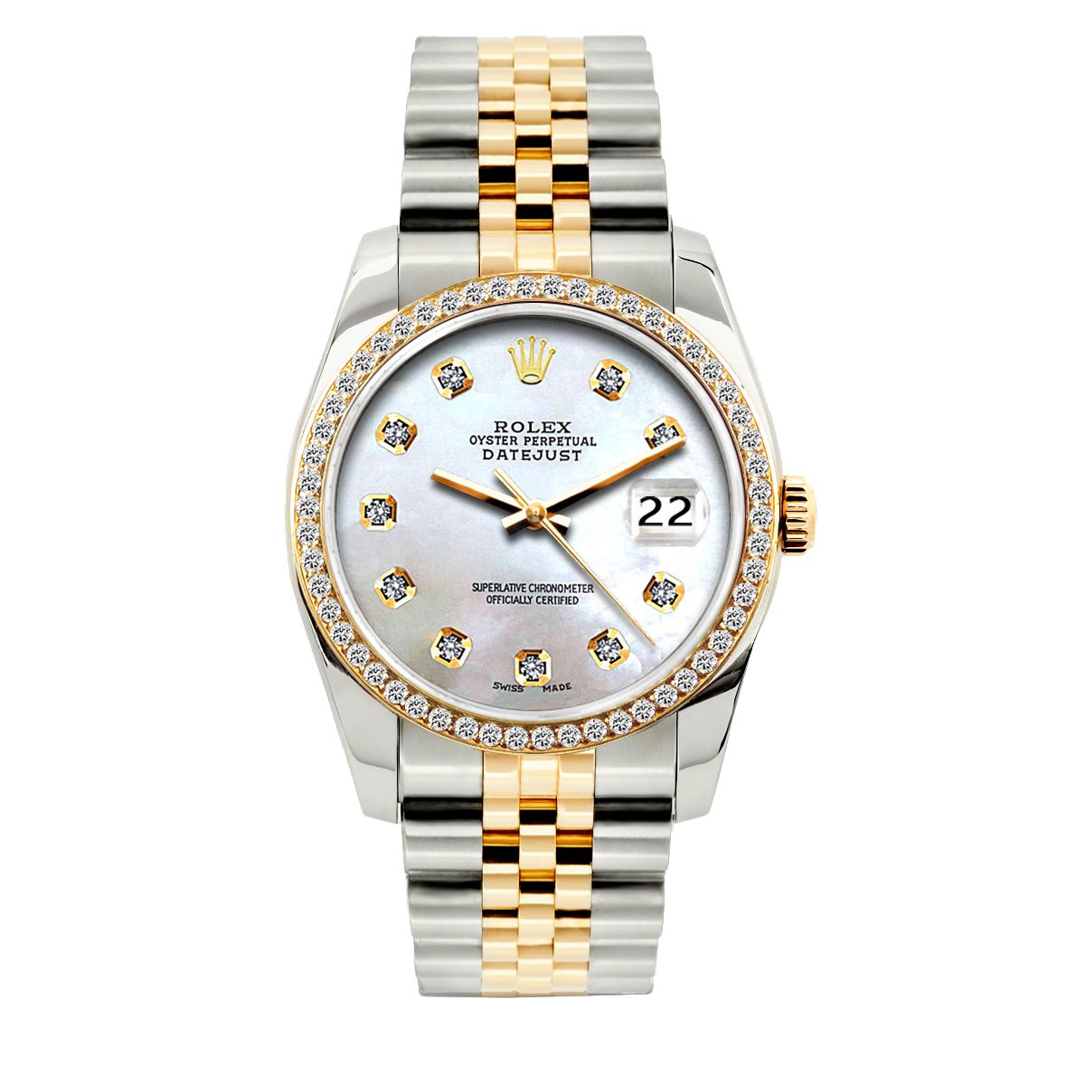 Rolex Datejust Diamond Watch, 36mm, Yellow Gold and Stainless Steel Bracelet Platinum Lavender Dial w/ Diamond Bezel
