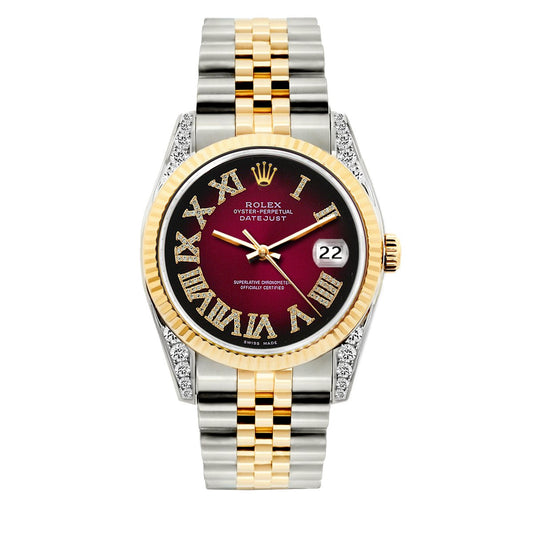 Rolex Datejust Diamond Watch, 36mm, Yellow Gold and Stainless Steel Bracelet Red Black Dial w/ Diamond Lugs