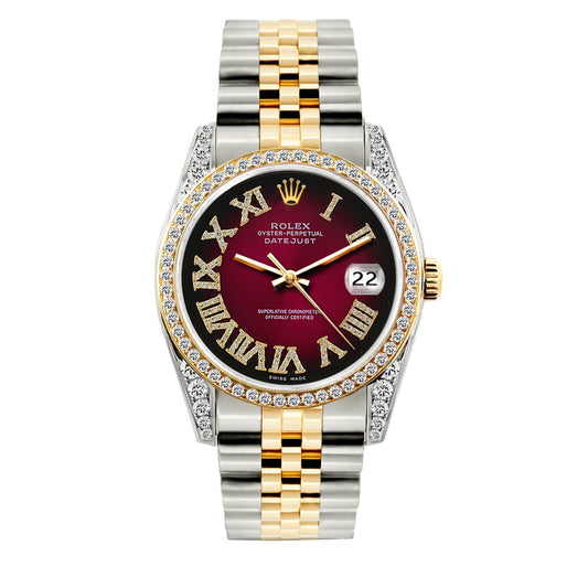 Rolex Datejust Diamond Watch, 36mm, Yellow Gold and Stainless Steel Red Black Dial w/ Diamond Bezel and Lugs