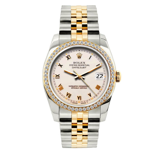 Rolex Datejust Diamond Watch, 36mm, Yellow Gold and Stainless Steel Bracelet Pink Pastel Dial w/ Diamond Bezel