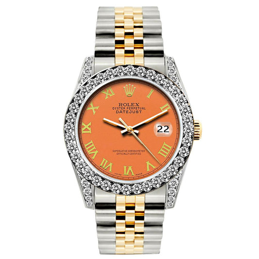 Rolex Datejust Diamond Watch, 26mm, Yellow Gold and Stainless Steel Bracelet Orange Dial w/ Diamond Bezel and Lugs