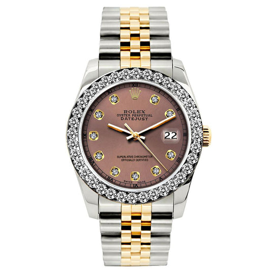 Rolex Datejust Diamond Watch, 26mm, Yellow Gold and Stainless Steel Bracelet Earthen Dial w/ Diamond Bezel