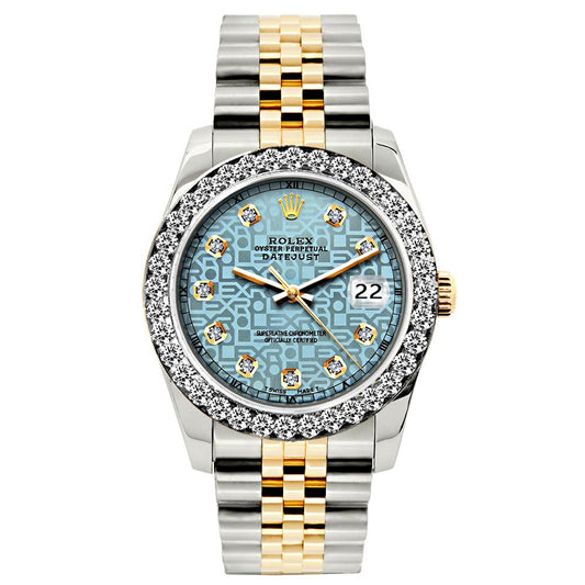 Rolex Datejust Diamond Watch, 26mm, Yellow Gold and Stainless Steel Bracelet Blue Rolex Dial w/ Diamond Bezel