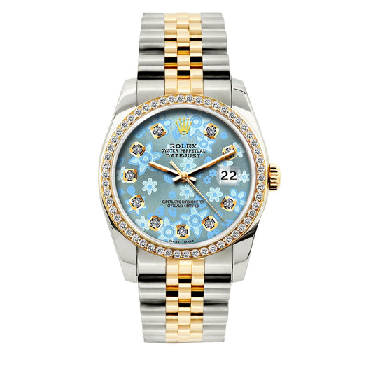 Rolex Datejust Diamond Watch, 36mm, Yellow Gold and Stainless Steel Bracelet Blue Flower Dial w/ Diamond Bezel