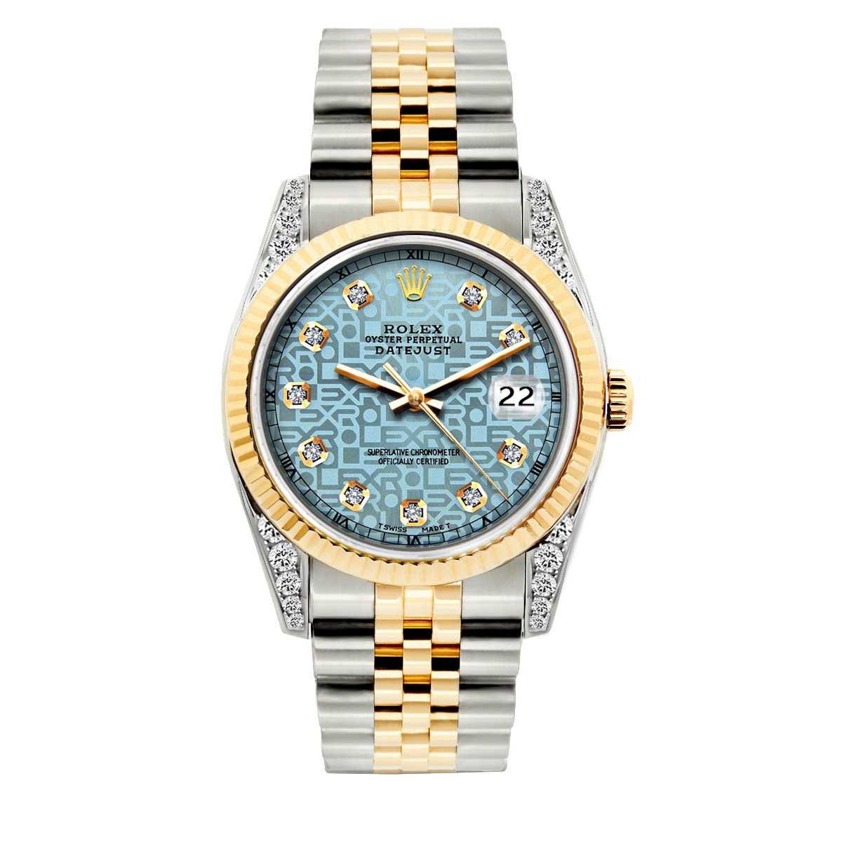Rolex Datejust Diamond Watch, 36mm, Yellow Gold and Stainless Steel Bracelet Blue Rolex Dial w/ Diamond Lugs