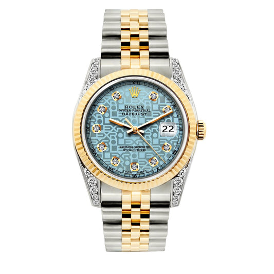 Rolex Datejust Diamond Watch, 36mm, Yellow Gold and Stainless Steel Bracelet Blue Rolex Dial w/ Diamond Lugs