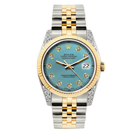 Rolex Datejust Diamond Watch, 36mm, Yellow Gold and Stainless Steel Bracelet Ice Blue Dial w/ Diamond Lugs