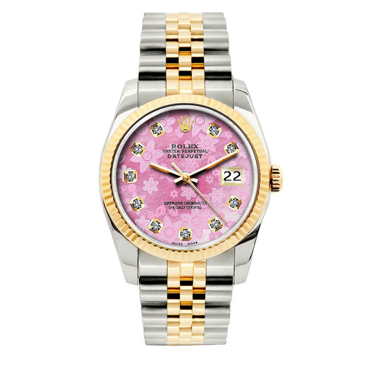 Rolex Datejust 36mm Yellow Gold and Stainless Steel Bracelet Pink Flower Dial