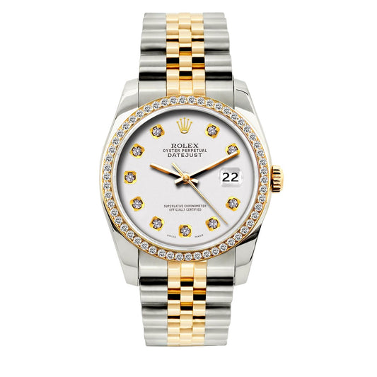 Rolex Datejust Diamond Watch, 36mm, Yellow Gold and Stainless Steel Bracelet White Dial w/ Diamond Bezel
