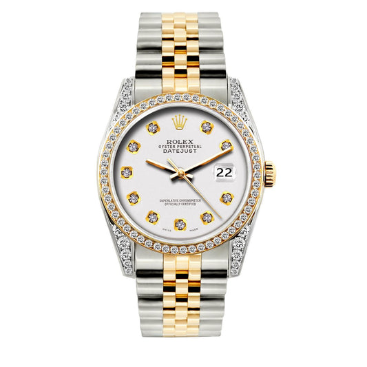 Rolex Datejust Diamond Watch, 36mm, Yellow Gold and Stainless Steel Bracelet White Dial w/ Diamond Bezel and Lugs
